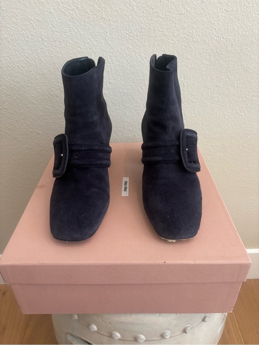 Miu Miu Suede Zip Ankle Boots with Buckle Strap - Navy